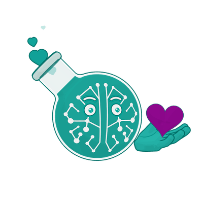 Professor Synapse holding a heart in his open hand as hearts bubble up