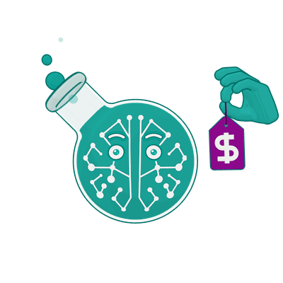 Professor Synapse smiling and holding up a price tag marked with a dollar sign