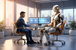 [Illustration] of a [human and an AI robot] [sitting] in a [modern, high-tech office] during [afternoon], with [computers, interactive displays, and futuristic gadgets] in the background, eliciting a [harmonious, collaborative mood]. Art style: [Digital Art, Semi-Realistic]. Art inspirations: [Science Fiction Movies, Concept Art]. Captured with a [High Resolution, Digital Renderer] using a [Wide-Angle lens], with [soft lighting, warm color tones]. Render Info: [4K resolution, detailed textures, controlled lighting].