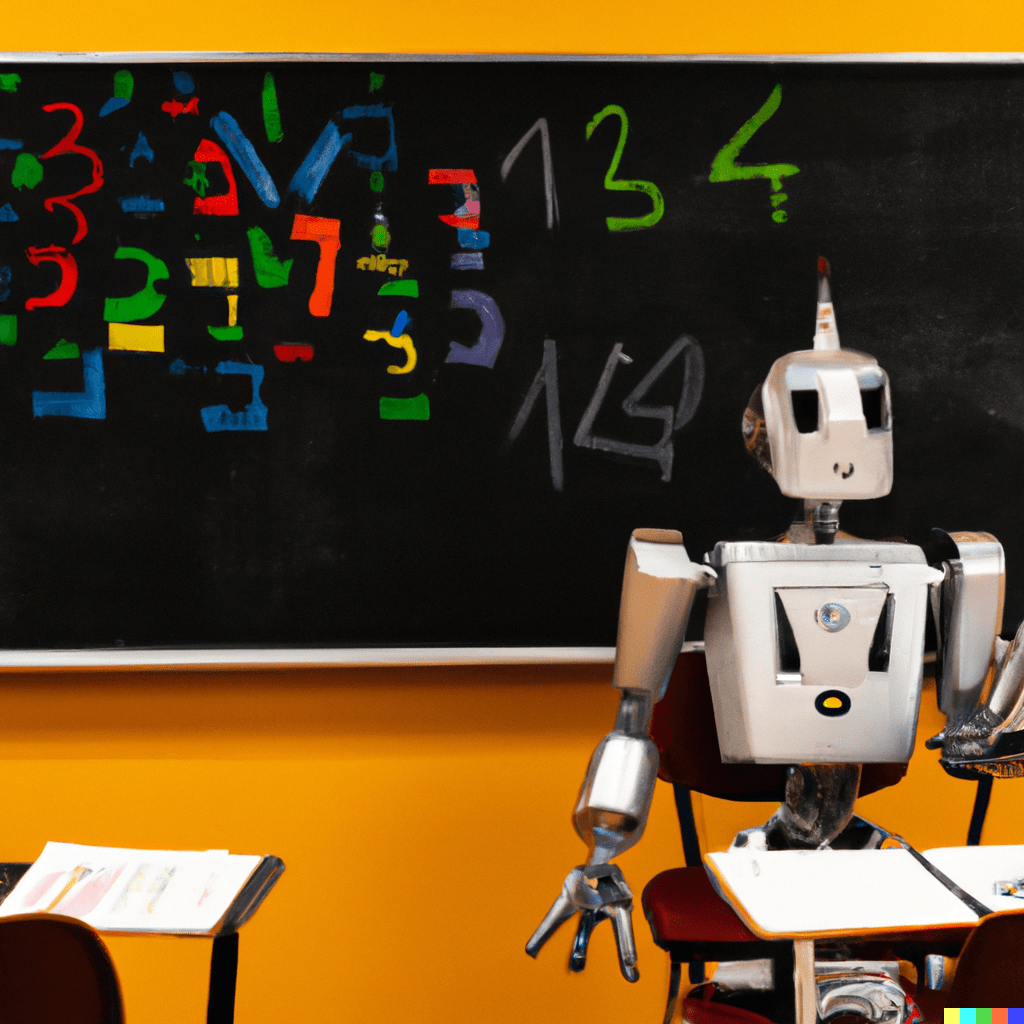 DALL·E 2023-03-08 09.40.40 - Photo realistic picture of a robot teaching a college class in full color-min