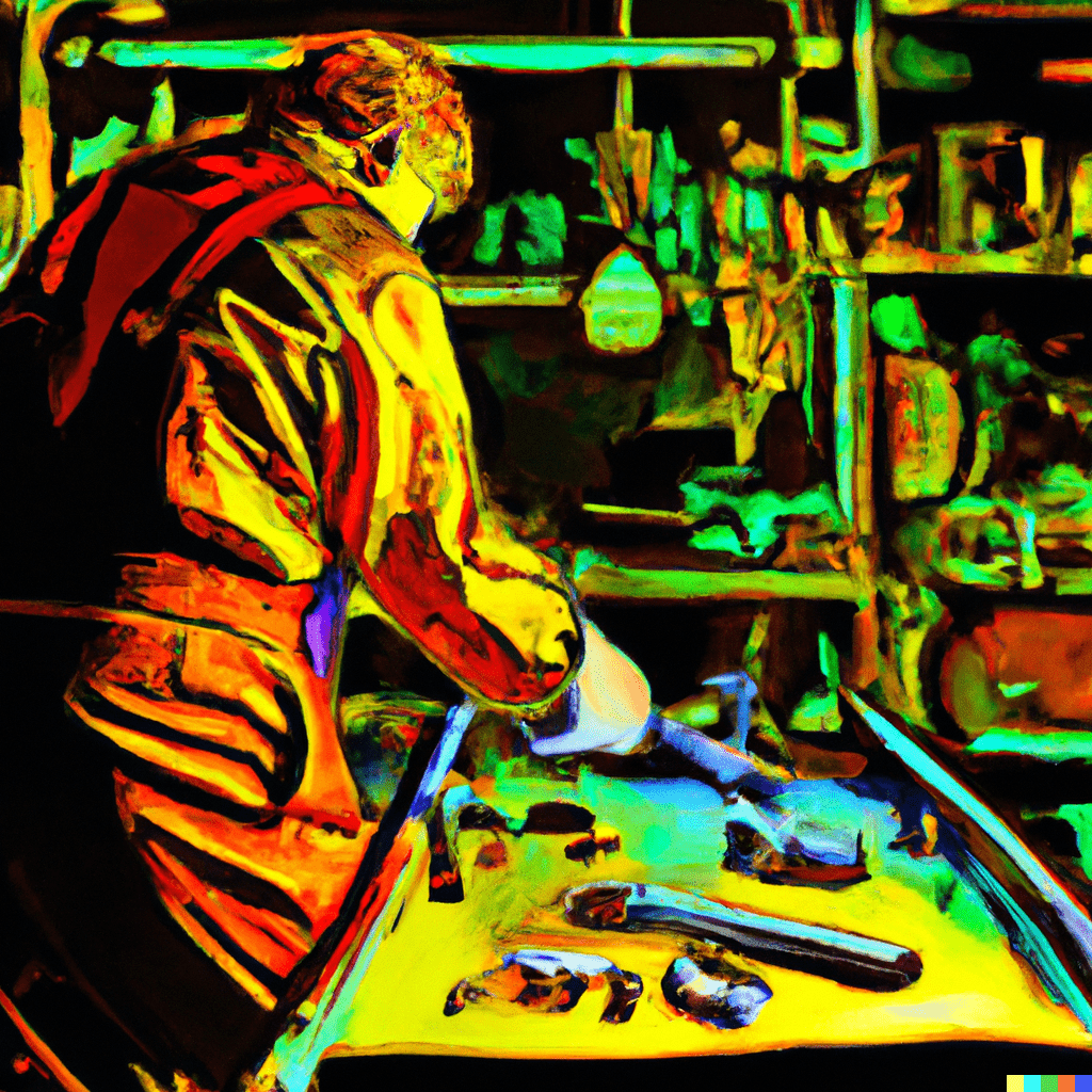 DALL·E 2023-03-07 15.54.00 - digital art image of a metal worker in their workshop. use bright colors-min