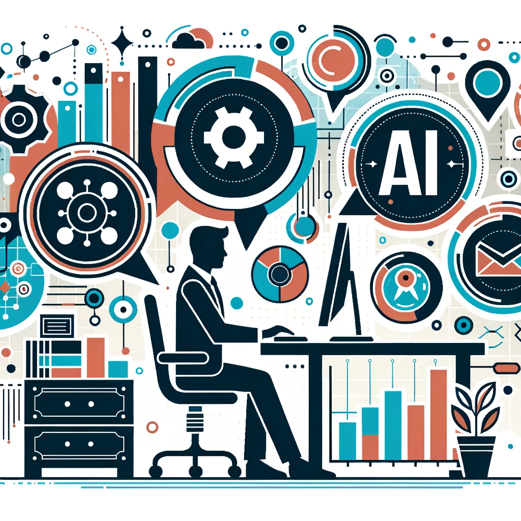 DALL·E 2023-10-16 18.19.28 - Vector artwork of a business scene, with a professional silhouette at a desk, geometric chat bubbles, and stylized AI icons symbolizing real-time inte