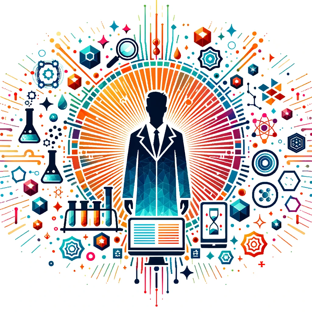 DALL·E 2023-10-17 13.50.08 - Vector design on a white background, showcasing a researcher silhouette surrounded by a radiant aura of geometric patterns and colorful AI elements, e DALL·E 2023-10-17 13.50.08 - Vector design on a white background, showcasing a researcher silhouette surrounded by a radiant aura of geometric patterns and colorful AI elements, e